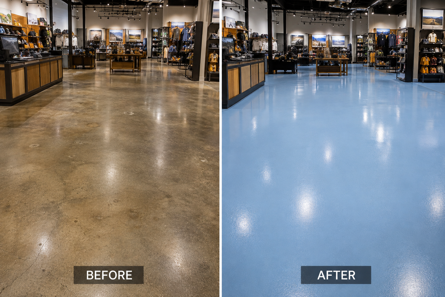 Before and after commercial epoxy flooring