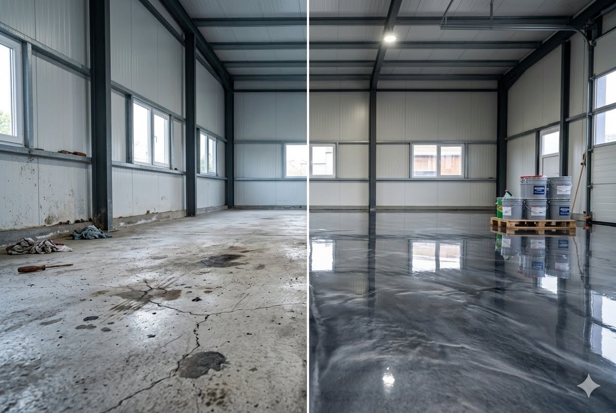Before and after garage epoxy flooring